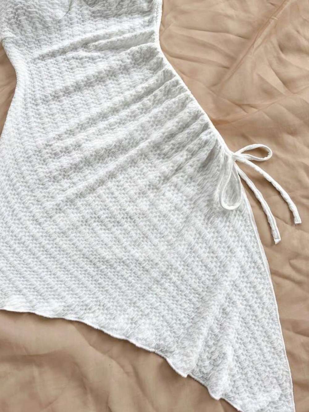 White Halter Neck Textured Asymmetrical Mini Dress Drawstring Ruched - Picture 4 of 5